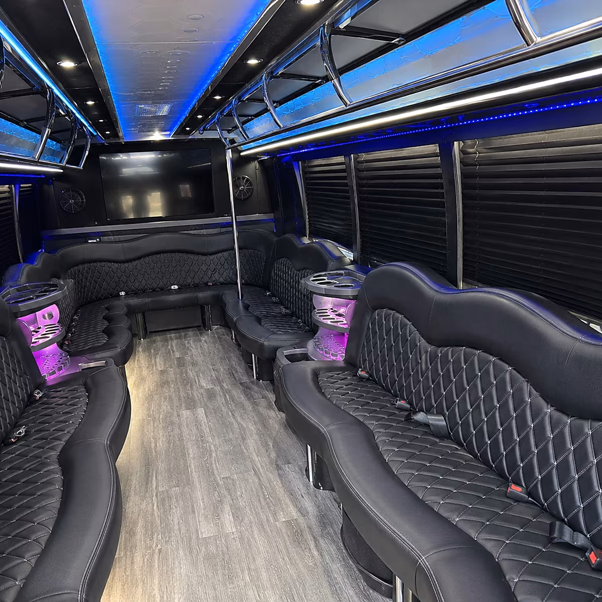 Friends laughing during a party bus celebration in Macon